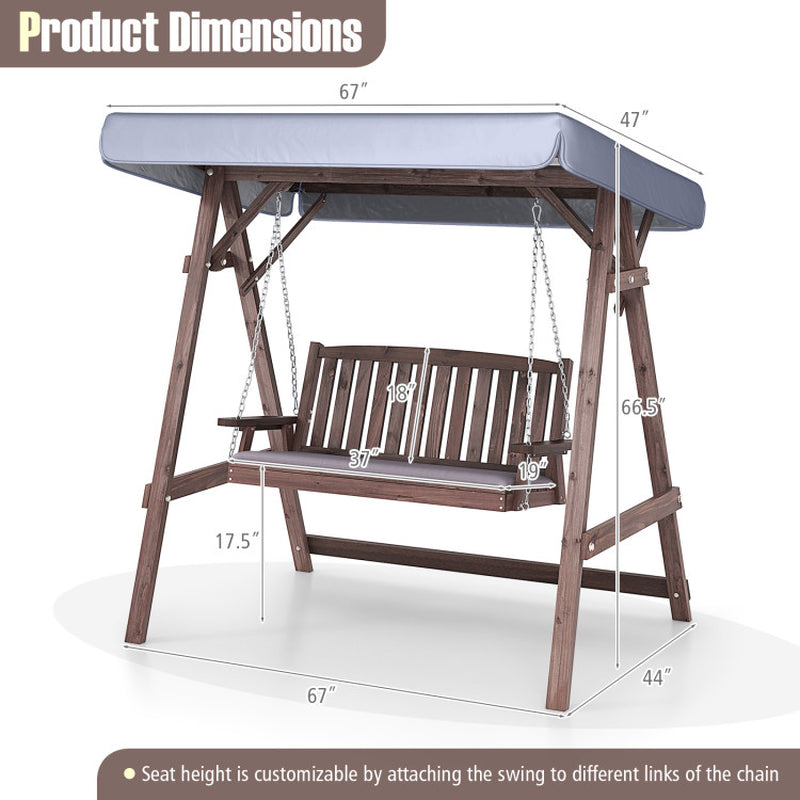 2-Person Porch Swing with Fir Wood Stand and Tilt Canopy
