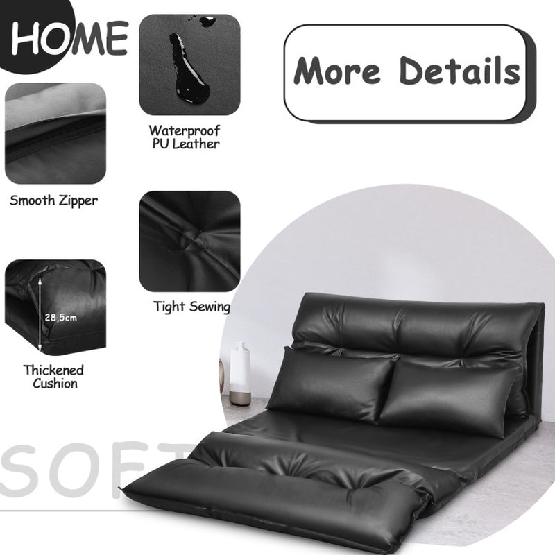 Foldable PU Leather Leisure Floor Sofa Bed with 2 Pillows