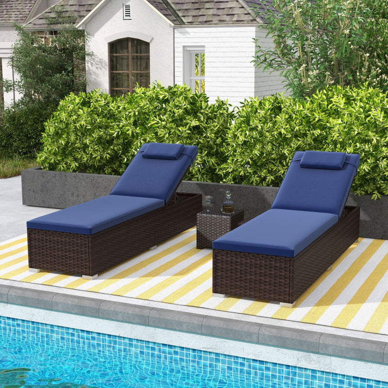 PE Rattan Chaise Lounge Set of 2 with 6-Position Adjustable Backrest and Foldable Side Table