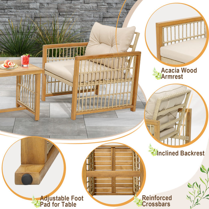 3 Pieces Patio PE Wicker Conversation Set with Acacia Wood Frame and Cushions