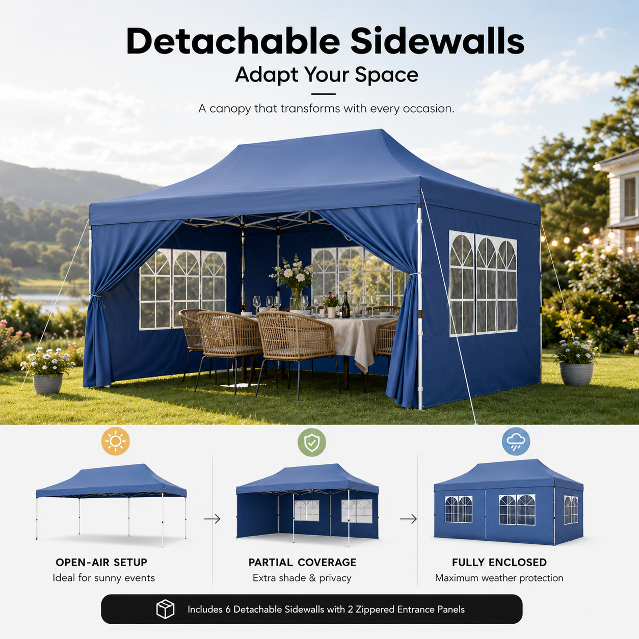 10' × 20' Pop-Up Event Canopy Tent with 6 Removable Sidewalls, Church Windows & Wheeled Storage Bag