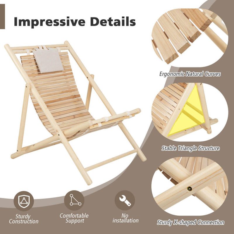 Solid Fir Wood Lounge Chair with 3-Level Adjustable Backrest and Soft Padded Headrest