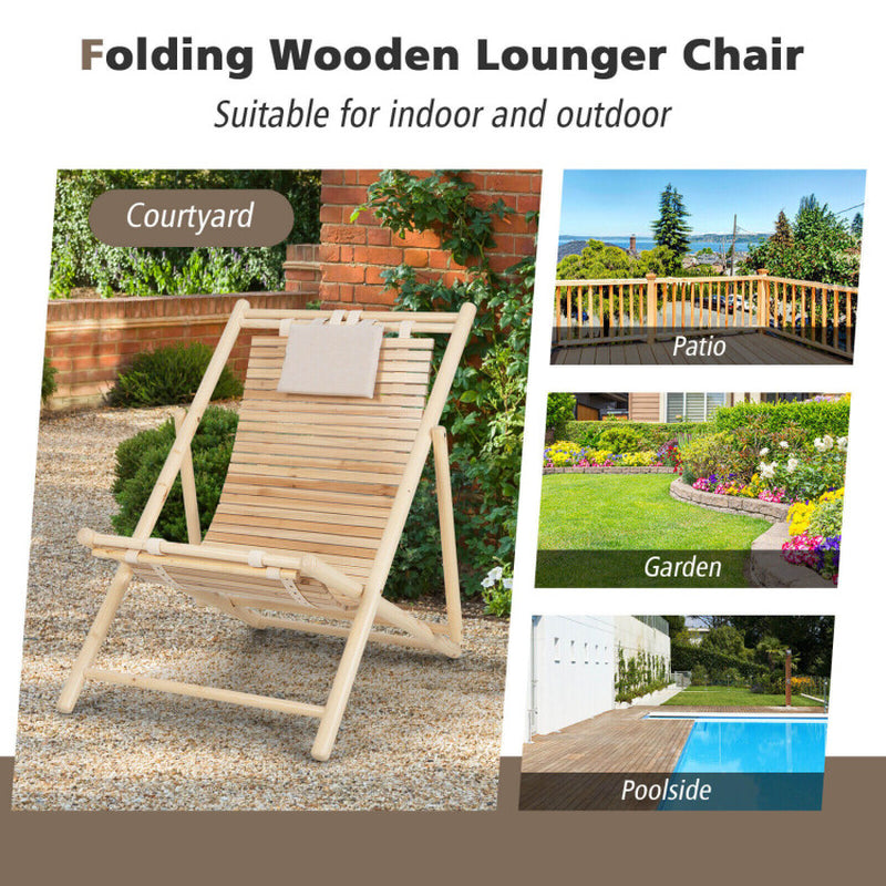 Solid Fir Wood Lounge Chair with 3-Level Adjustable Backrest and Soft Padded Headrest
