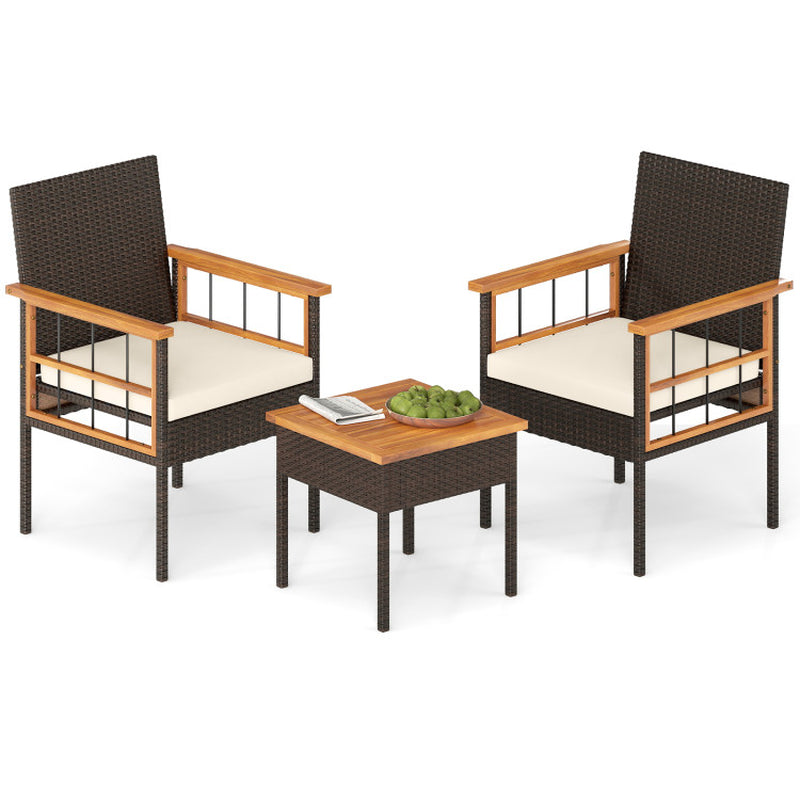 3 Piece Wicker Furniture Set with Acacia Wood Tabletop and Armrest for Balcony