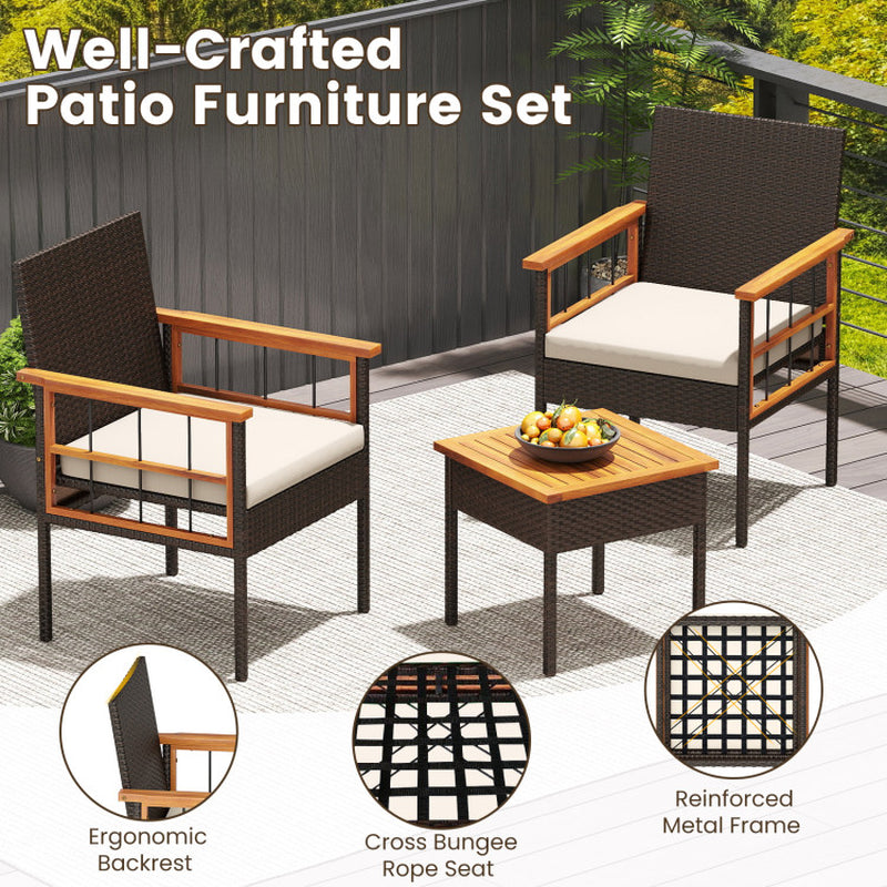 3 Piece Wicker Furniture Set with Acacia Wood Tabletop and Armrest for Balcony