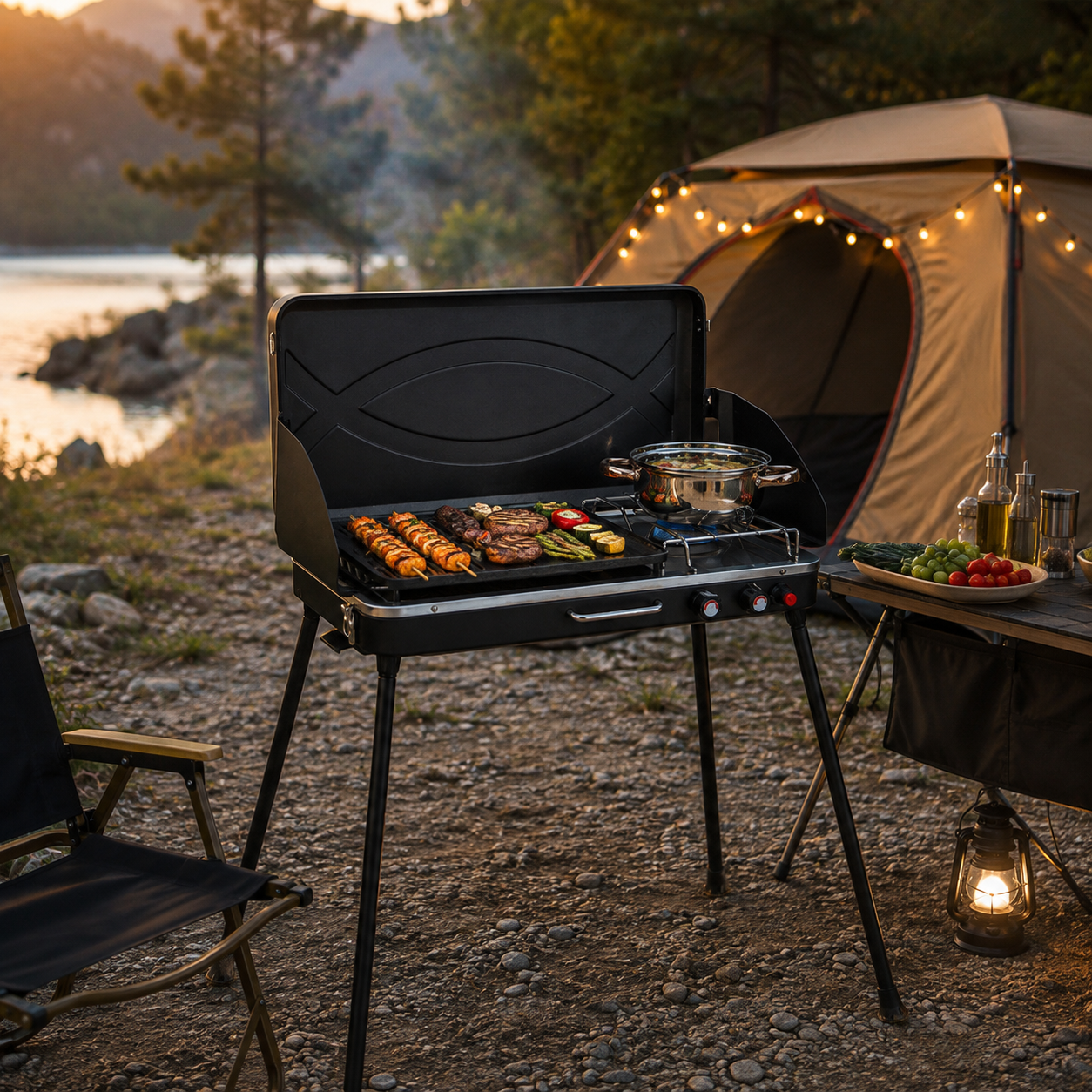 2-In-1 Gas Camping Grill and Stove with 4 Detachable Legs