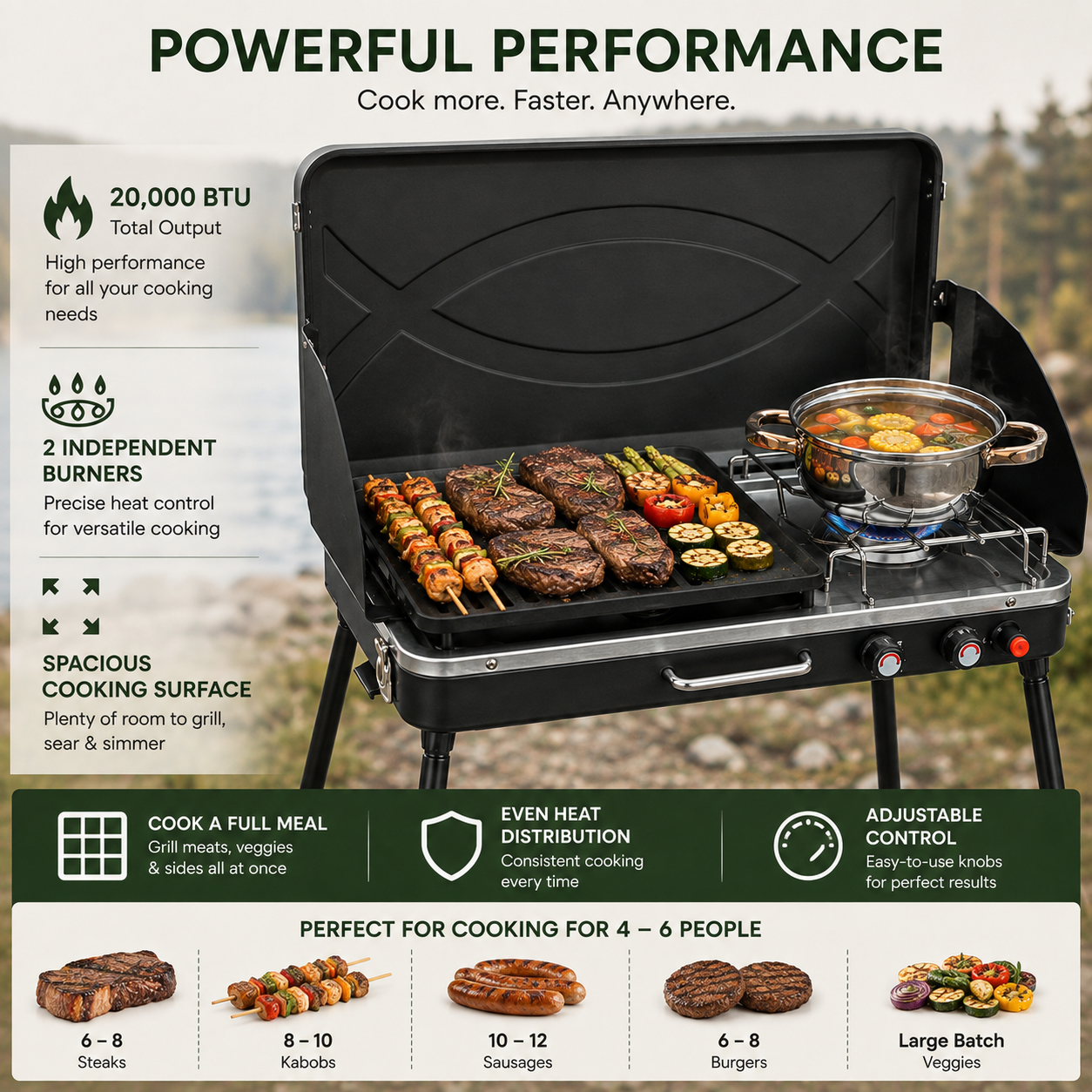 2-In-1 Gas Camping Grill and Stove with 4 Detachable Legs