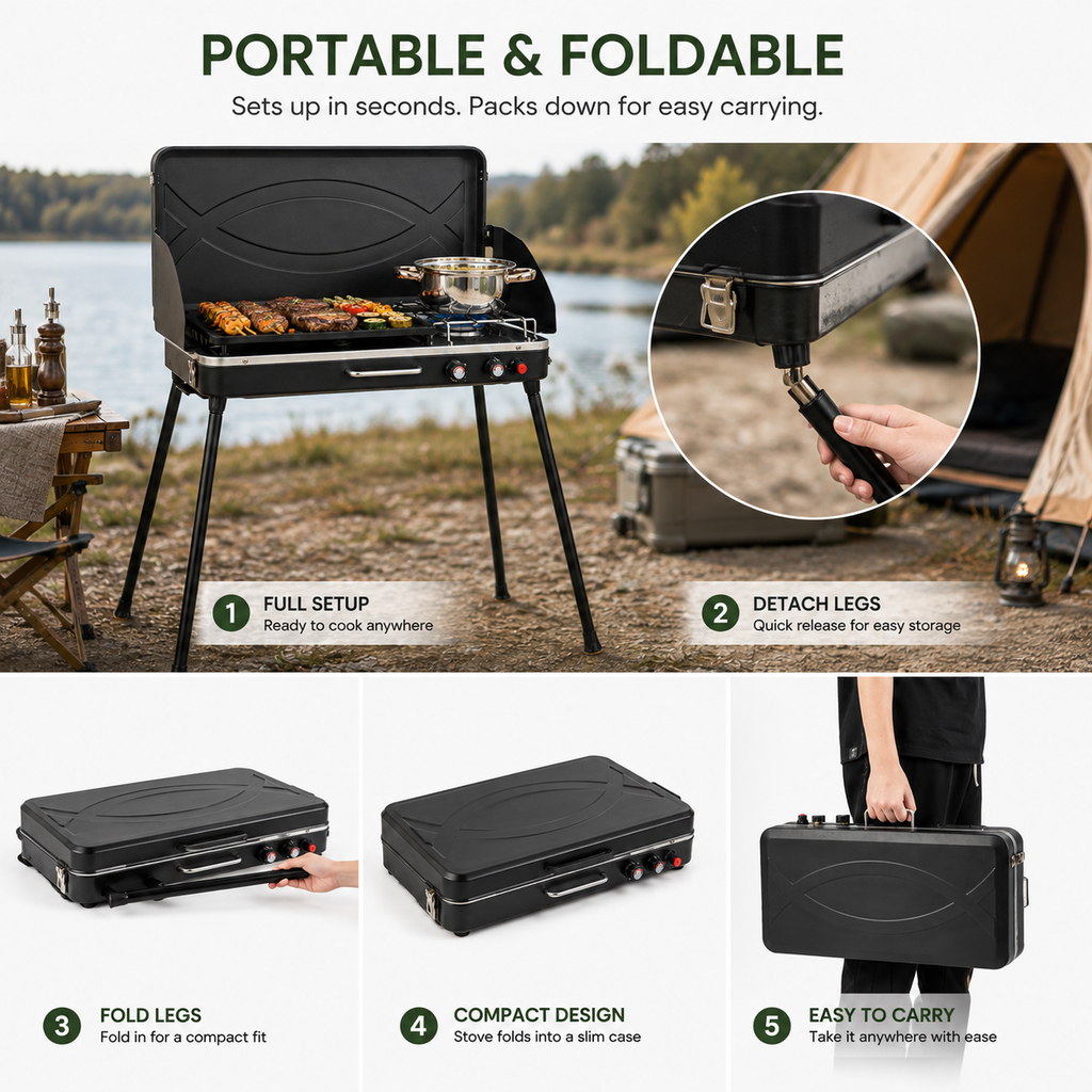2-In-1 Gas Camping Grill and Stove with 4 Detachable Legs