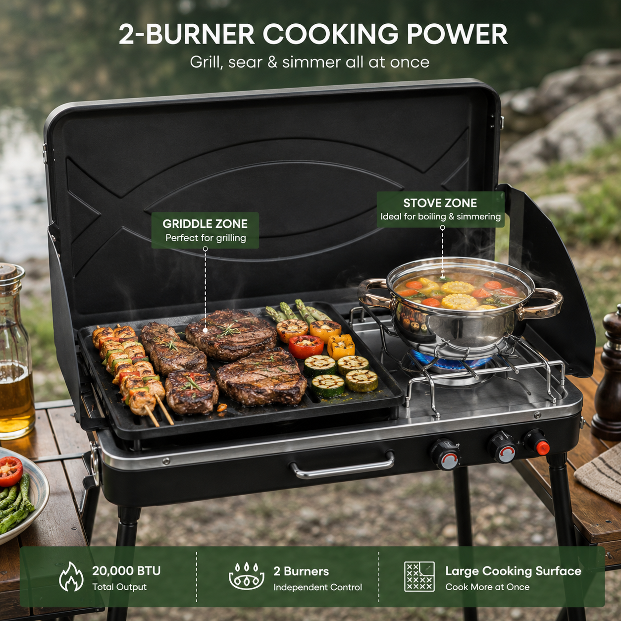 2-In-1 Gas Camping Grill and Stove with 4 Detachable Legs
