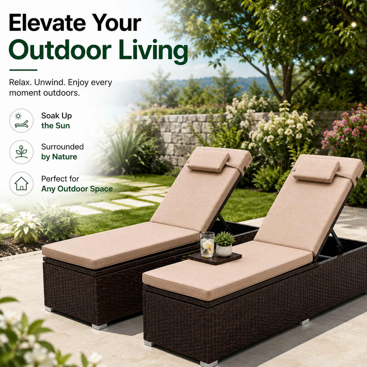 2-Piece Outdoor Chaise Lounge Set with Side Tables | 6-Position Reclining Patio Loungers | StrucHaus