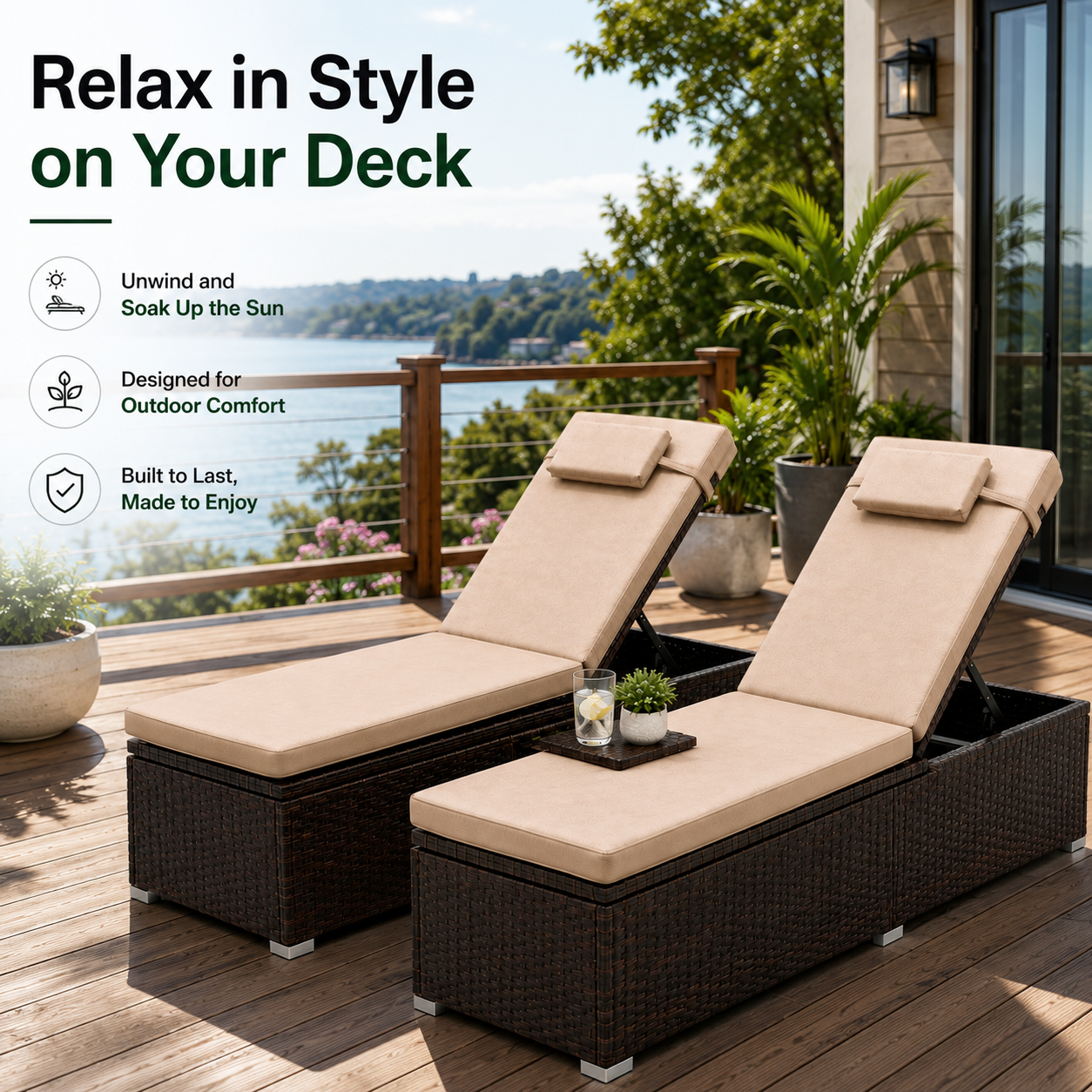 2-Piece Outdoor Chaise Lounge Set with Side Tables | 6-Position Reclining Patio Loungers | StrucHaus