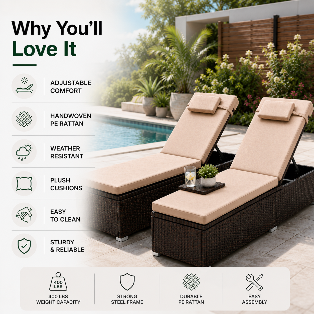 2-Piece Outdoor Chaise Lounge Set with Side Tables | 6-Position Reclining Patio Loungers | StrucHaus