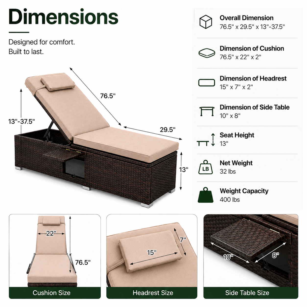 2-Piece Outdoor Chaise Lounge Set with Side Tables | 6-Position Reclining Patio Loungers | StrucHaus