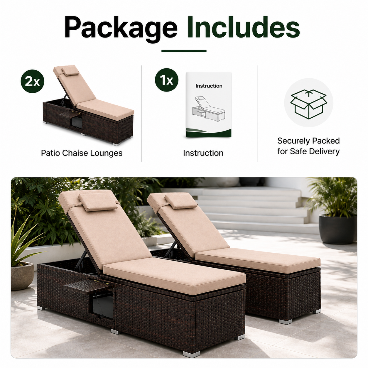 2-Piece Outdoor Chaise Lounge Set with Side Tables | 6-Position Reclining Patio Loungers | StrucHaus