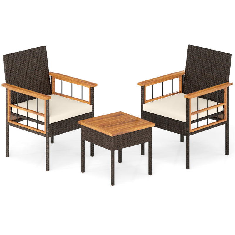3 Piece Wicker Furniture Set with Acacia Wood Tabletop and Armrest for Balcony