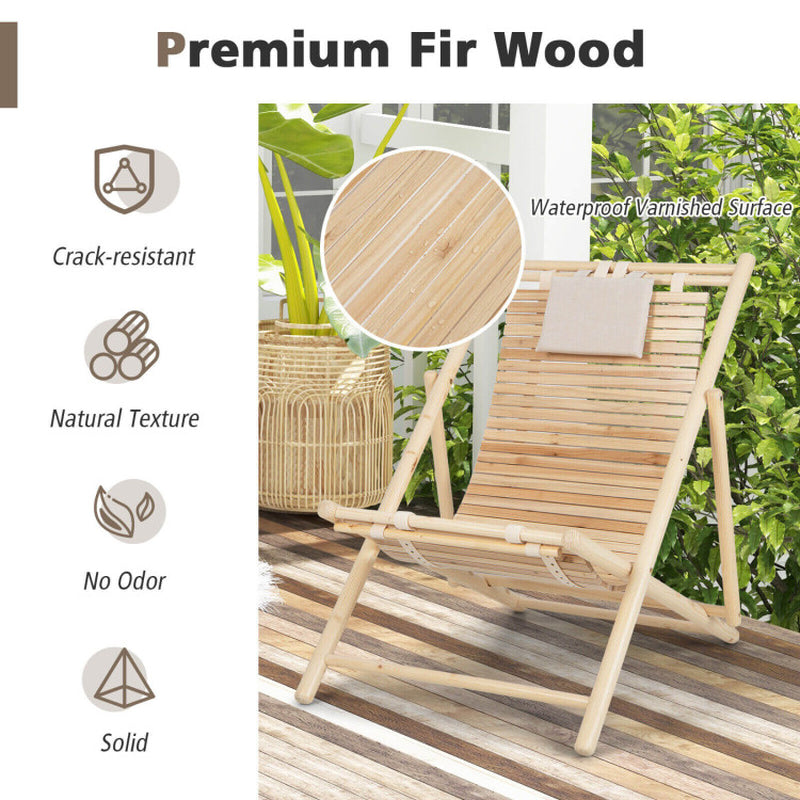 Solid Fir Wood Lounge Chair with 3-Level Adjustable Backrest and Soft Padded Headrest