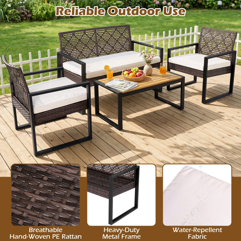 4-Piece Patio Set with Acacia Coffee Table and Wicker Chairs for Backyard