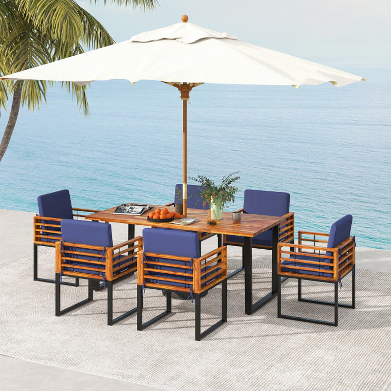7 Pieces Patio Acacia Wood Dining Chair and Table Set for Backyard and Poolside