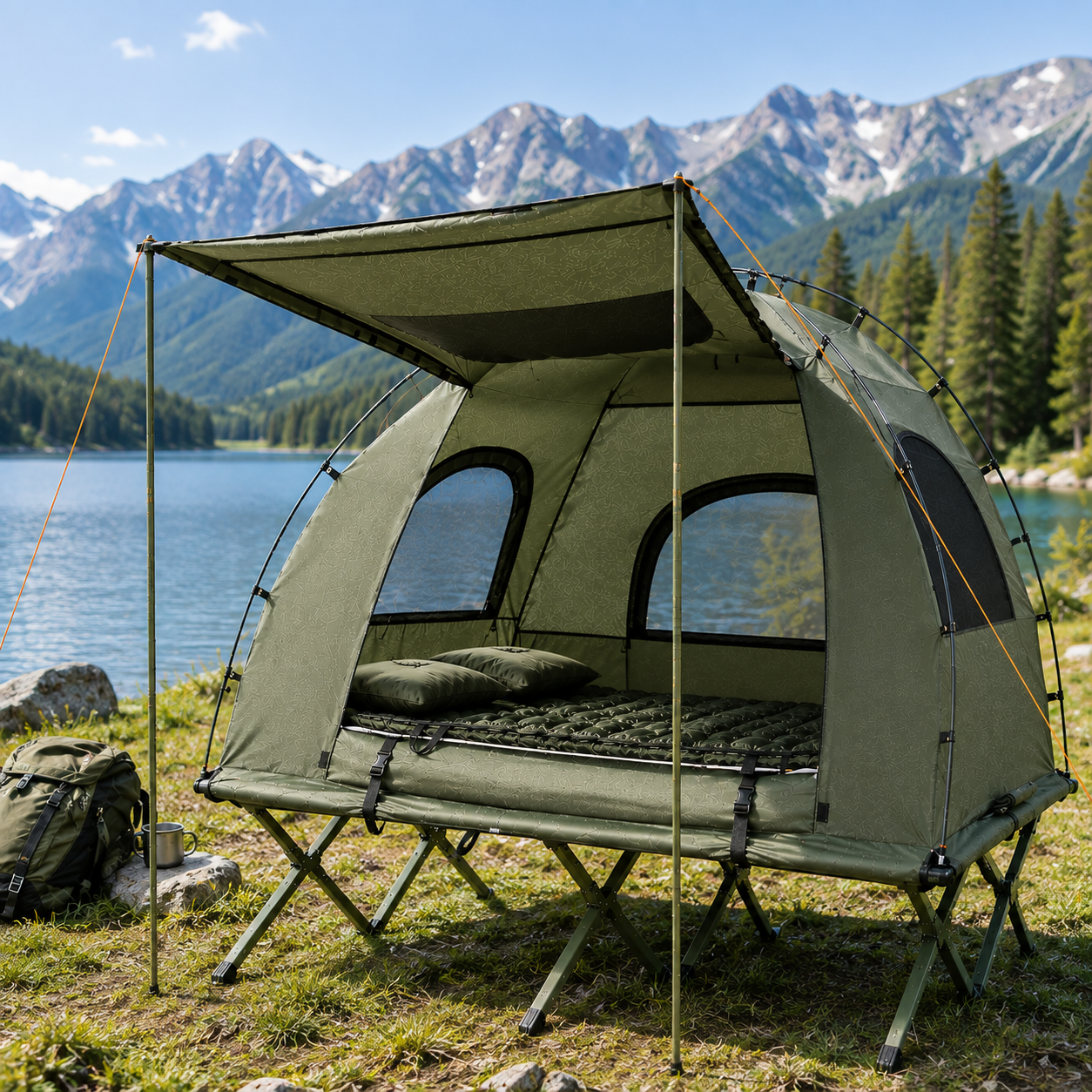 2 Person Camping Tent Cot with Air Mattress, Sleeping Bags & Elevated Camping Bed