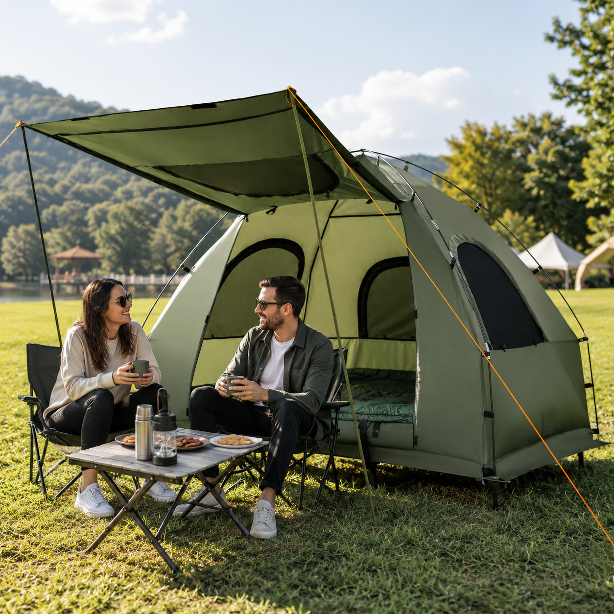 2 Person Camping Tent Cot with Air Mattress, Sleeping Bags & Elevated Camping Bed