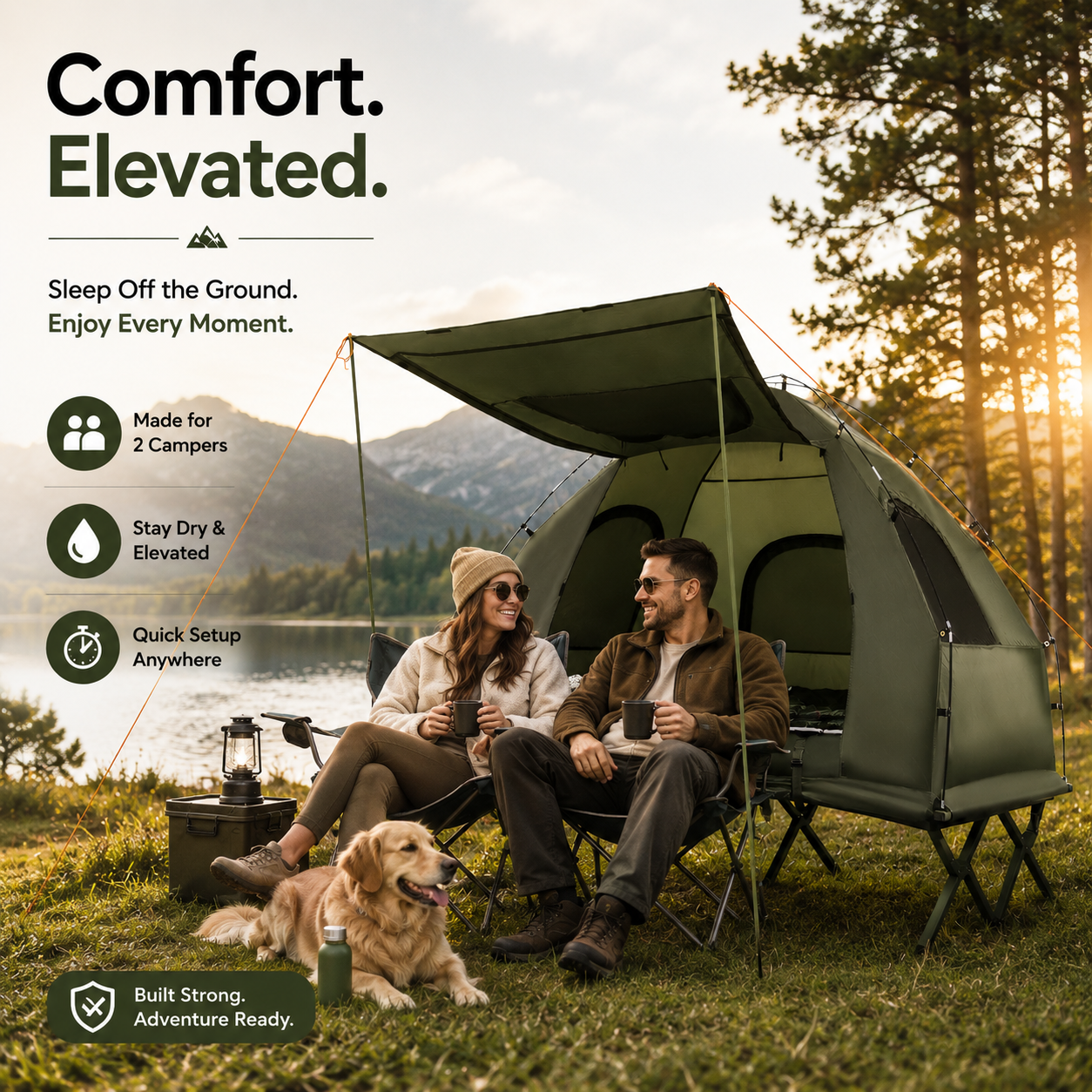 2 Person Camping Tent Cot with Air Mattress, Sleeping Bags & Elevated Camping Bed