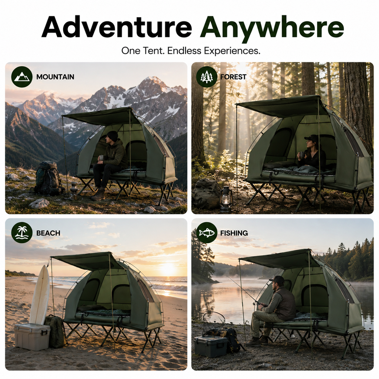 2 Person Camping Tent Cot with Air Mattress, Sleeping Bags & Elevated Camping Bed