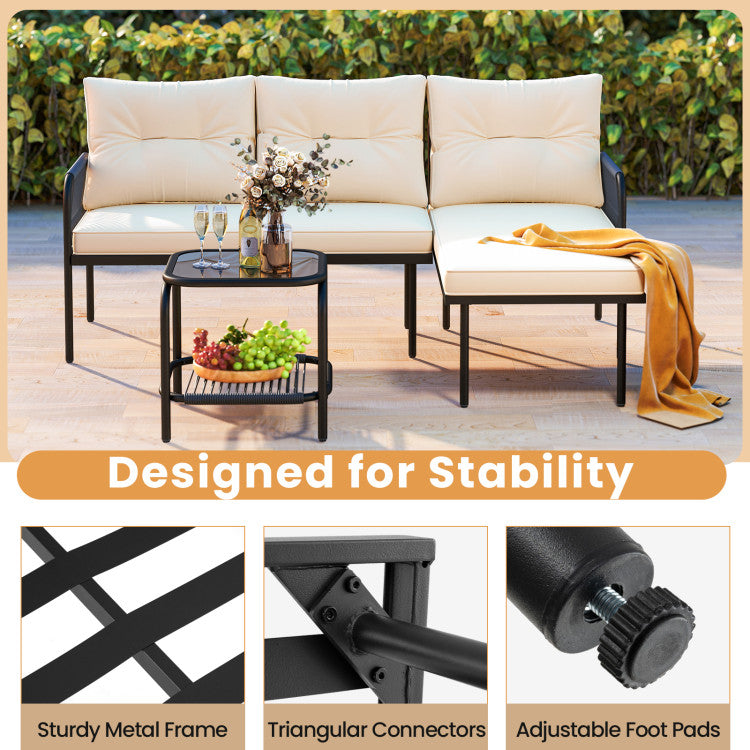 3-Piece L Shaped Patio Furniture Set PE Rattan Sectional Sofas