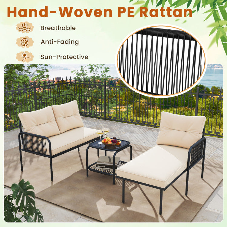 3-Piece L Shaped Patio Furniture Set PE Rattan Sectional Sofas