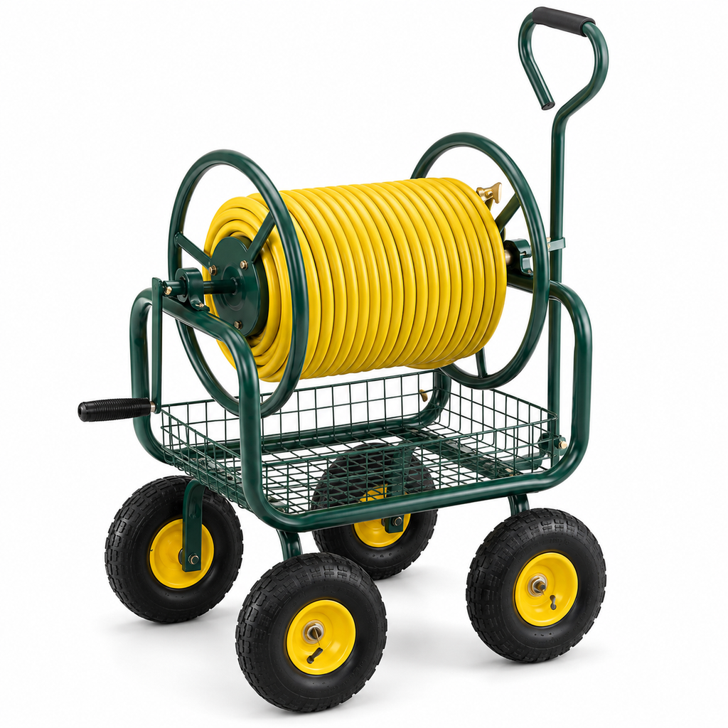 Premium heavy-duty 4-wheel garden hose reel cart with durable metal frame, pneumatic tires, brass fittings, storage basket, and manual crank for backyard watering.