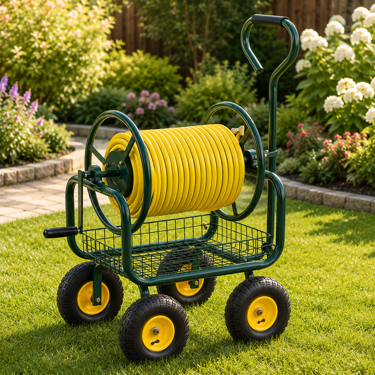 Premium heavy-duty 4-wheel garden hose reel cart with durable metal frame, pneumatic tires, brass fittings, storage basket, and manual crank for backyard watering.