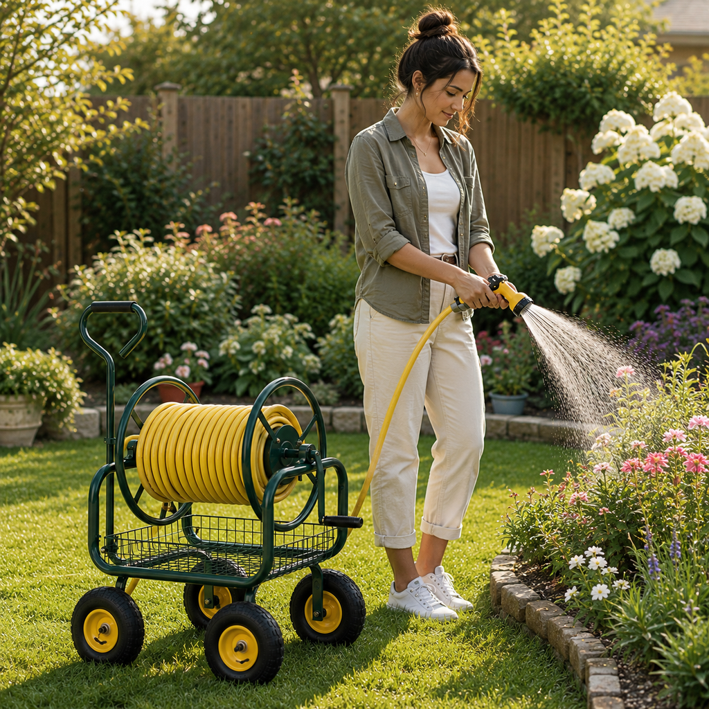 Premium heavy-duty 4-wheel garden hose reel cart with durable metal frame, pneumatic tires, brass fittings, storage basket, and manual crank for backyard watering.