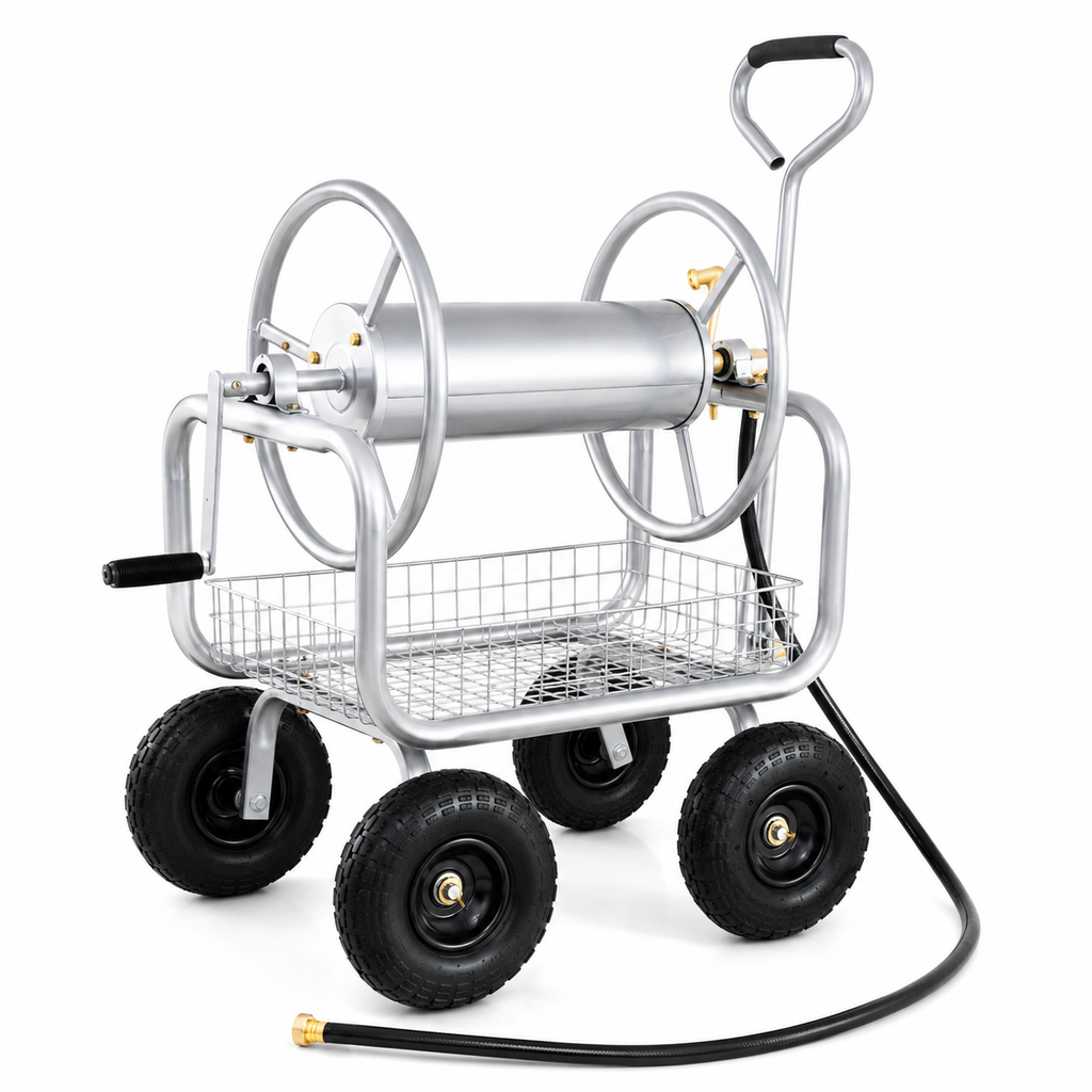 Premium heavy-duty 4-wheel garden hose reel cart with durable metal frame, pneumatic tires, brass fittings, storage basket, and manual crank for backyard watering.