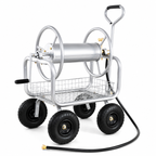 Premium heavy-duty 4-wheel garden hose reel cart with durable metal frame, pneumatic tires, brass fittings, storage basket, and manual crank for backyard watering.