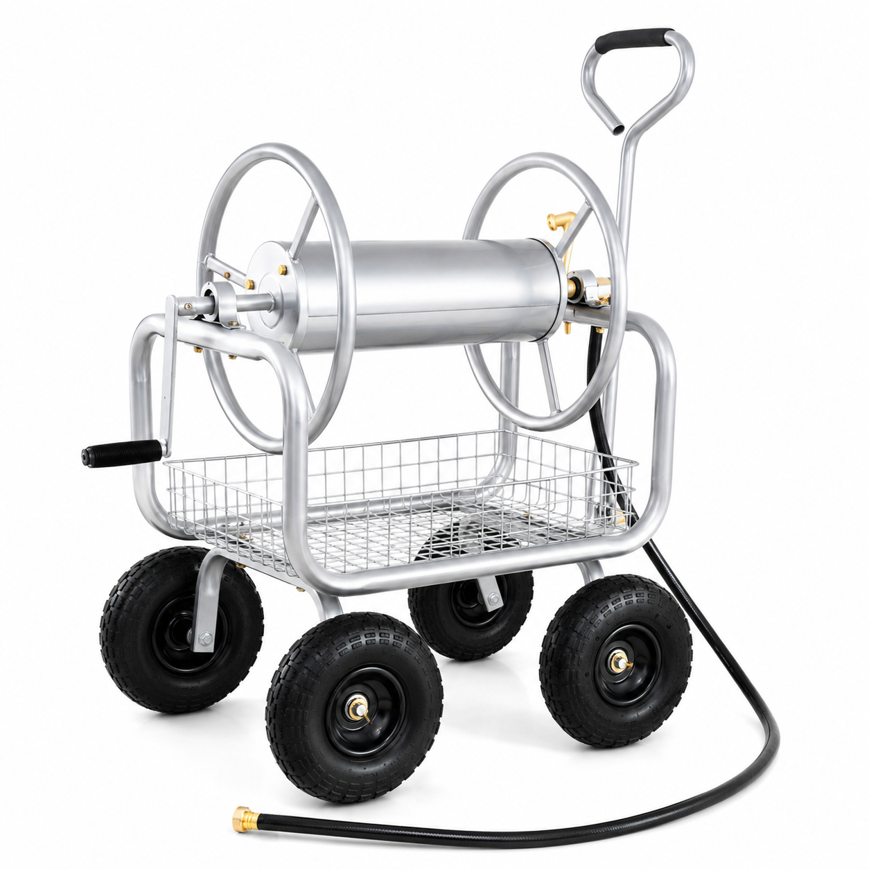Premium heavy-duty 4-wheel garden hose reel cart with durable metal frame, pneumatic tires, brass fittings, storage basket, and manual crank for backyard watering.