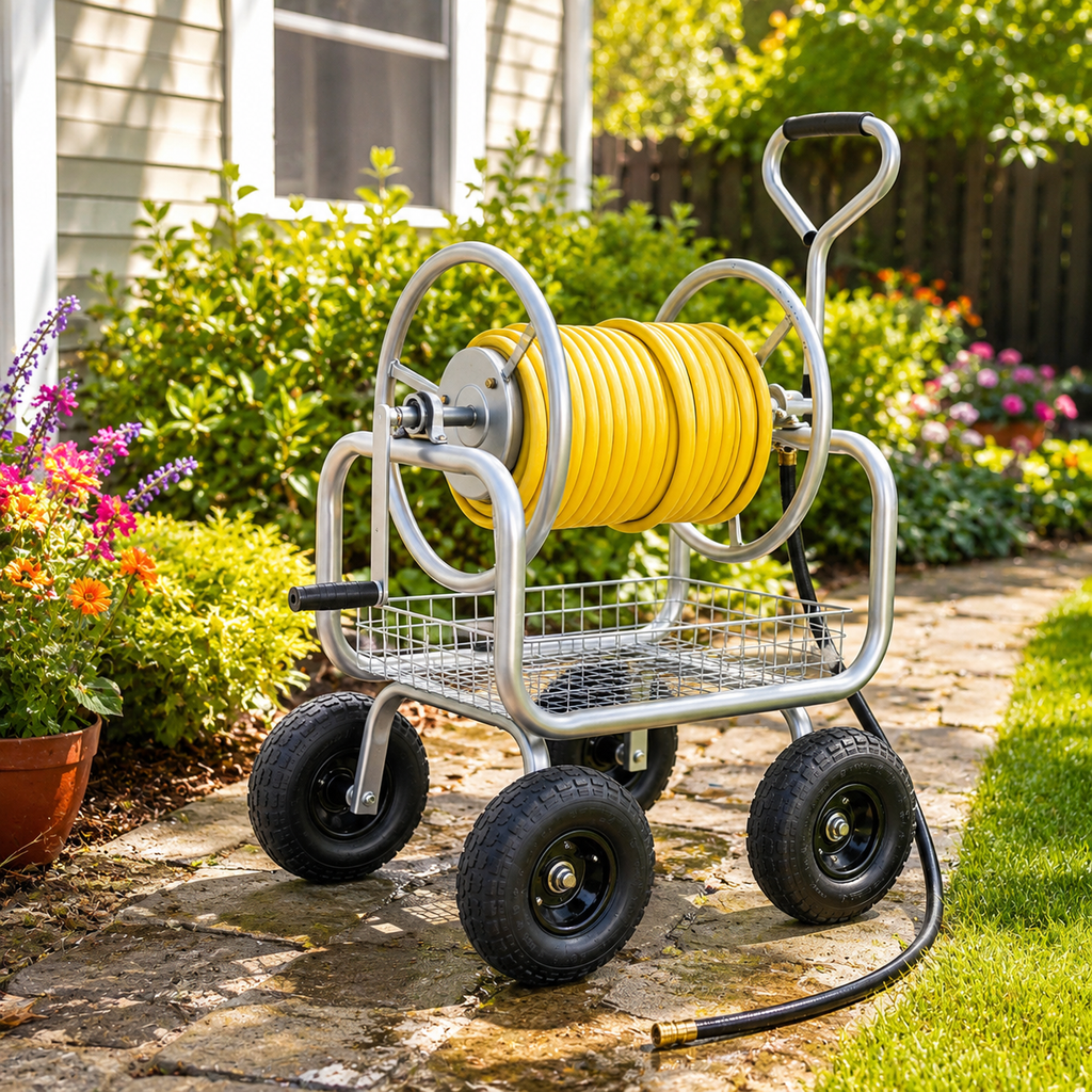 Premium heavy-duty 4-wheel garden hose reel cart with durable metal frame, pneumatic tires, brass fittings, storage basket, and manual crank for backyard watering.