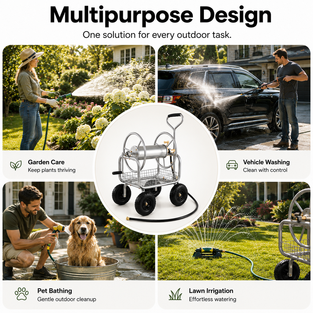 Heavy-duty garden hose reel cart used for watering plants, lawn irrigation, washing cars, and bathing pets