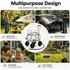 Heavy-duty garden hose reel cart used for watering plants, lawn irrigation, washing cars, and bathing pets