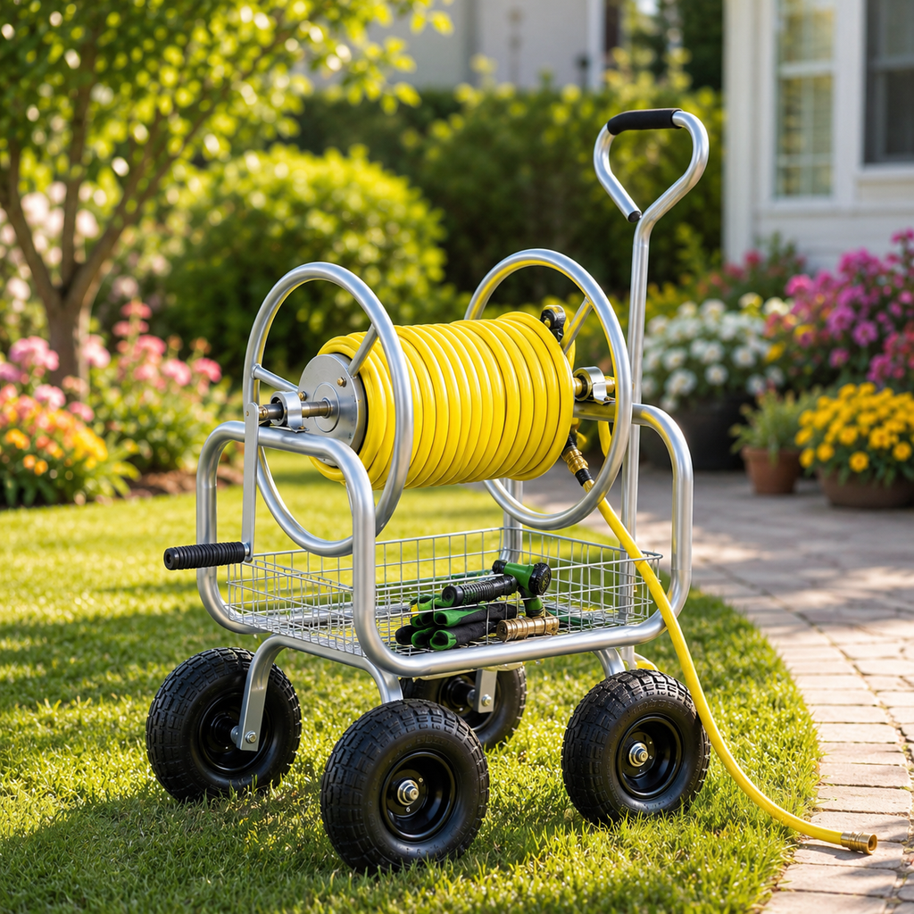 Premium heavy-duty 4-wheel garden hose reel cart with durable metal frame, pneumatic tires, brass fittings, storage basket, and manual crank for backyard watering.