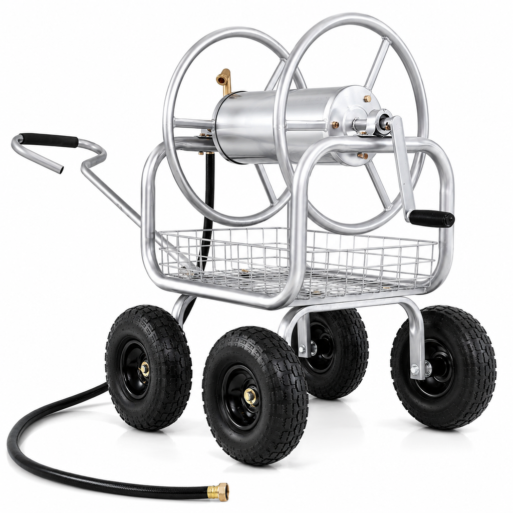 Premium heavy-duty 4-wheel garden hose reel cart with durable metal frame, pneumatic tires, brass fittings, storage basket, and manual crank for backyard watering.