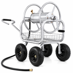 Premium heavy-duty 4-wheel garden hose reel cart with durable metal frame, pneumatic tires, brass fittings, storage basket, and manual crank for backyard watering.