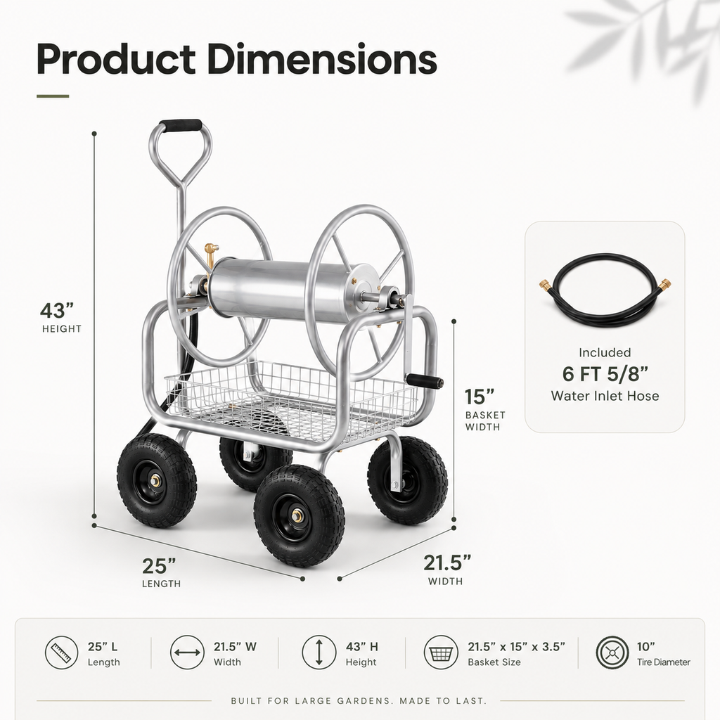 Premium heavy-duty 4-wheel garden hose reel cart with durable metal frame, pneumatic tires, brass fittings, storage basket, and manual crank for backyard watering.
