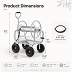 Premium heavy-duty 4-wheel garden hose reel cart with durable metal frame, pneumatic tires, brass fittings, storage basket, and manual crank for backyard watering.