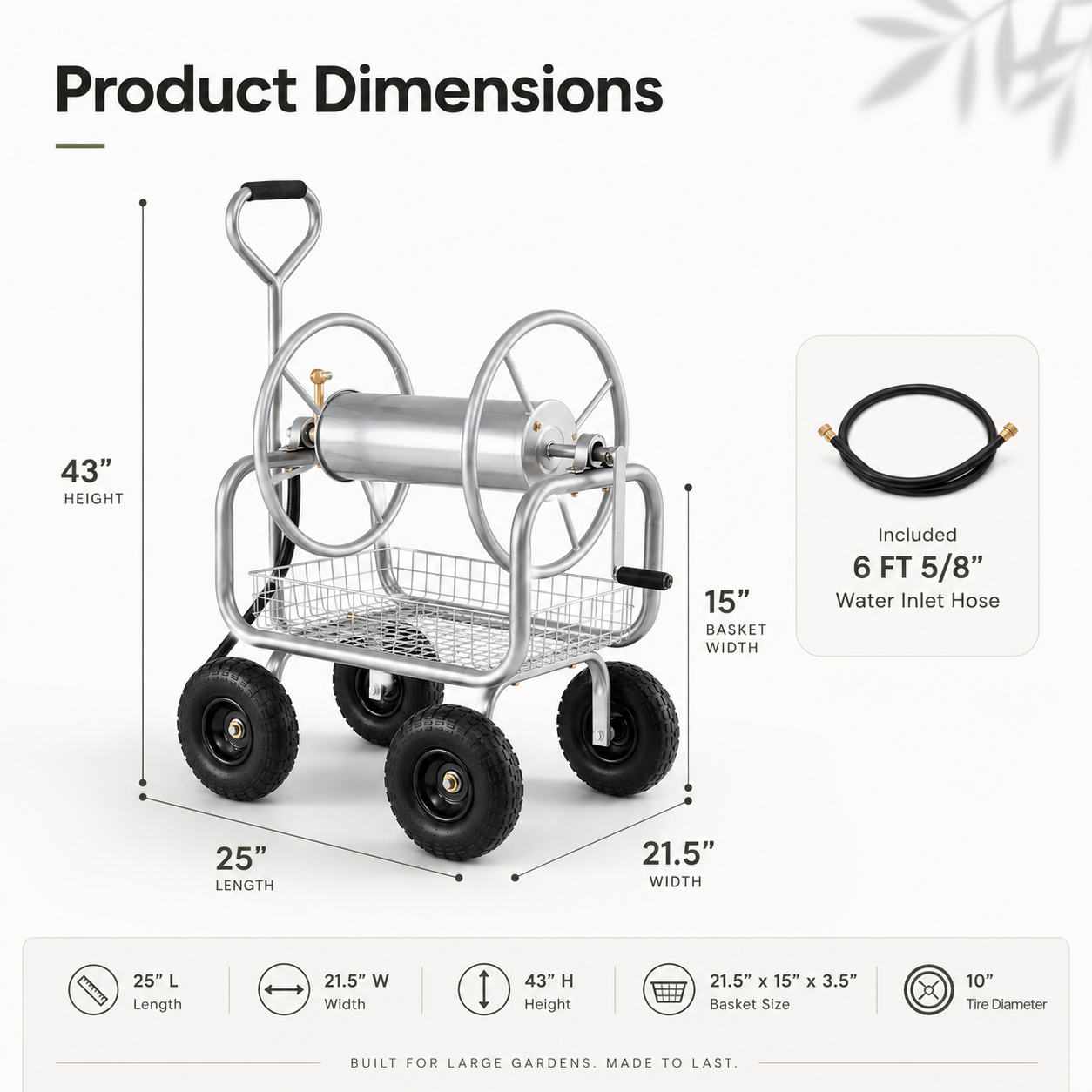 Premium heavy-duty 4-wheel garden hose reel cart with durable metal frame, pneumatic tires, brass fittings, storage basket, and manual crank for backyard watering.