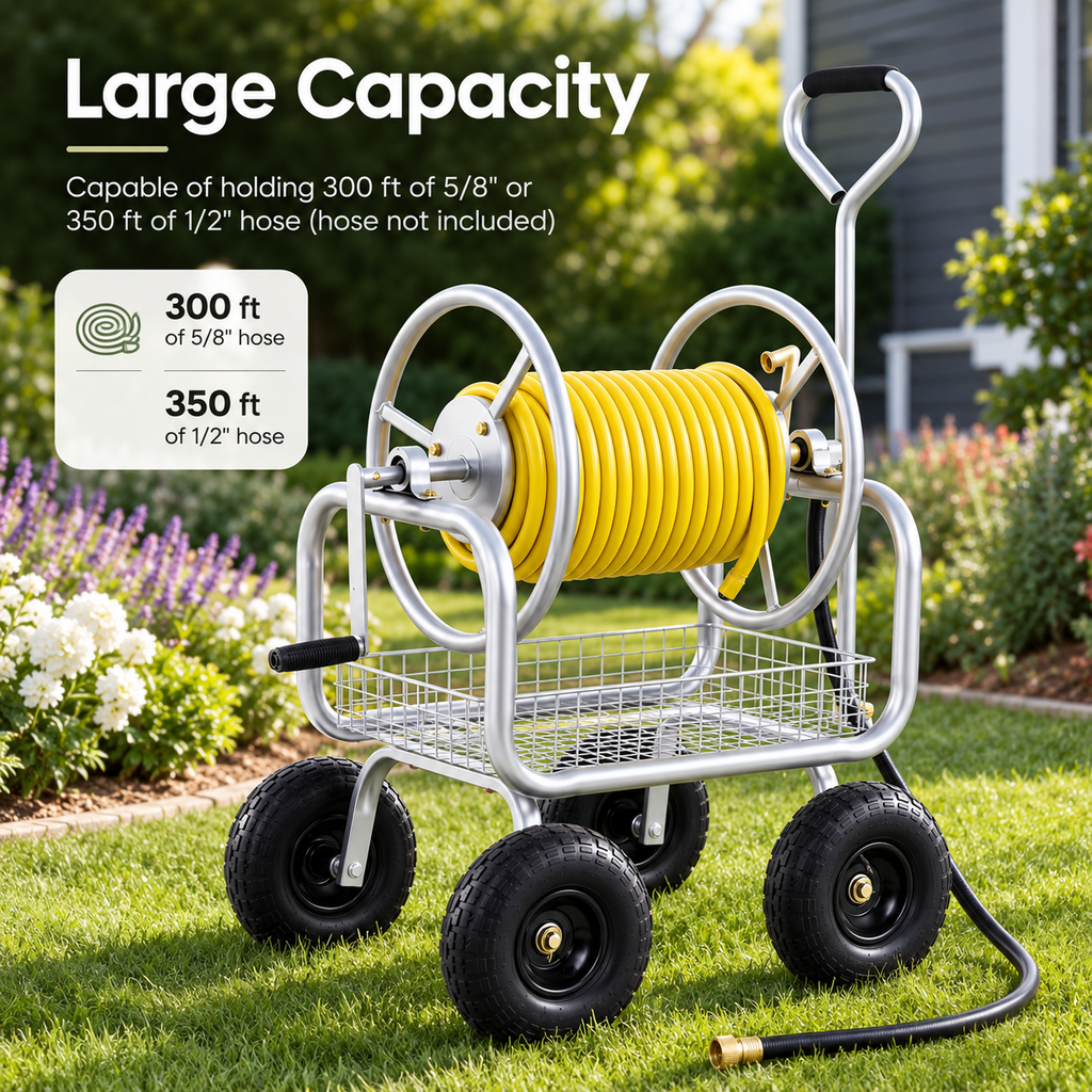 Premium heavy-duty 4-wheel garden hose reel cart with durable metal frame, pneumatic tires, brass fittings, storage basket, and manual crank for backyard watering.