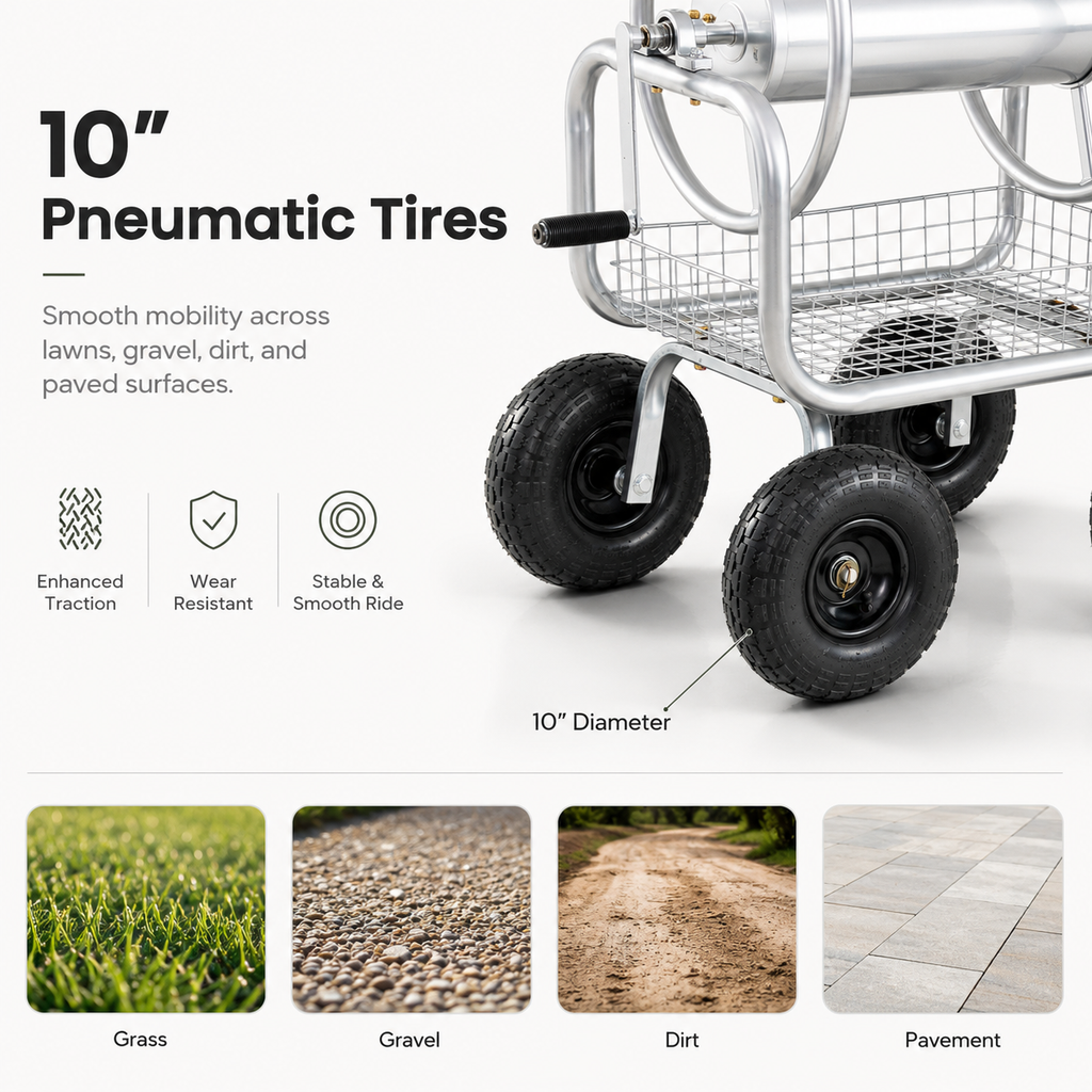 Premium heavy-duty 4-wheel garden hose reel cart with durable metal frame, pneumatic tires, brass fittings, storage basket, and manual crank for backyard watering.