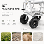 Premium heavy-duty 4-wheel garden hose reel cart with durable metal frame, pneumatic tires, brass fittings, storage basket, and manual crank for backyard watering.