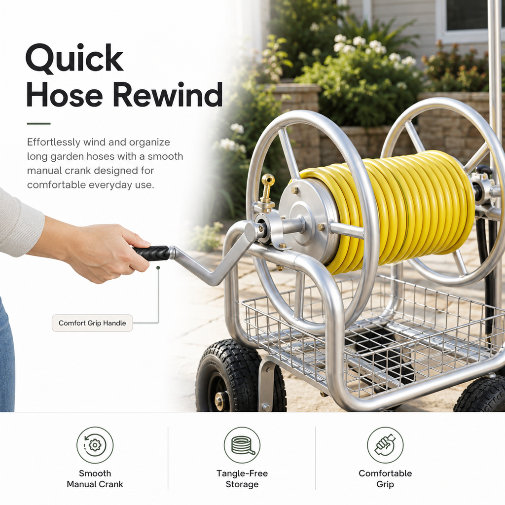 Premium heavy-duty 4-wheel garden hose reel cart with durable metal frame, pneumatic tires, brass fittings, storage basket, and manual crank for backyard watering.