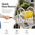 Premium heavy-duty 4-wheel garden hose reel cart with durable metal frame, pneumatic tires, brass fittings, storage basket, and manual crank for backyard watering.