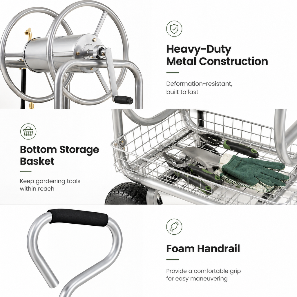 Premium heavy-duty 4-wheel garden hose reel cart with durable metal frame, pneumatic tires, brass fittings, storage basket, and manual crank for backyard watering.