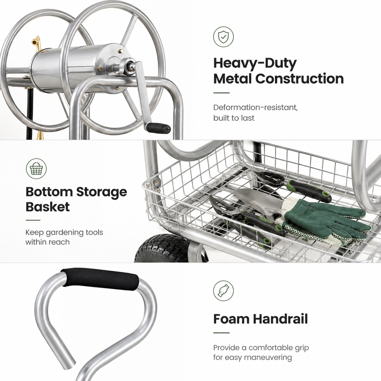 Premium heavy-duty 4-wheel garden hose reel cart with durable metal frame, pneumatic tires, brass fittings, storage basket, and manual crank for backyard watering.